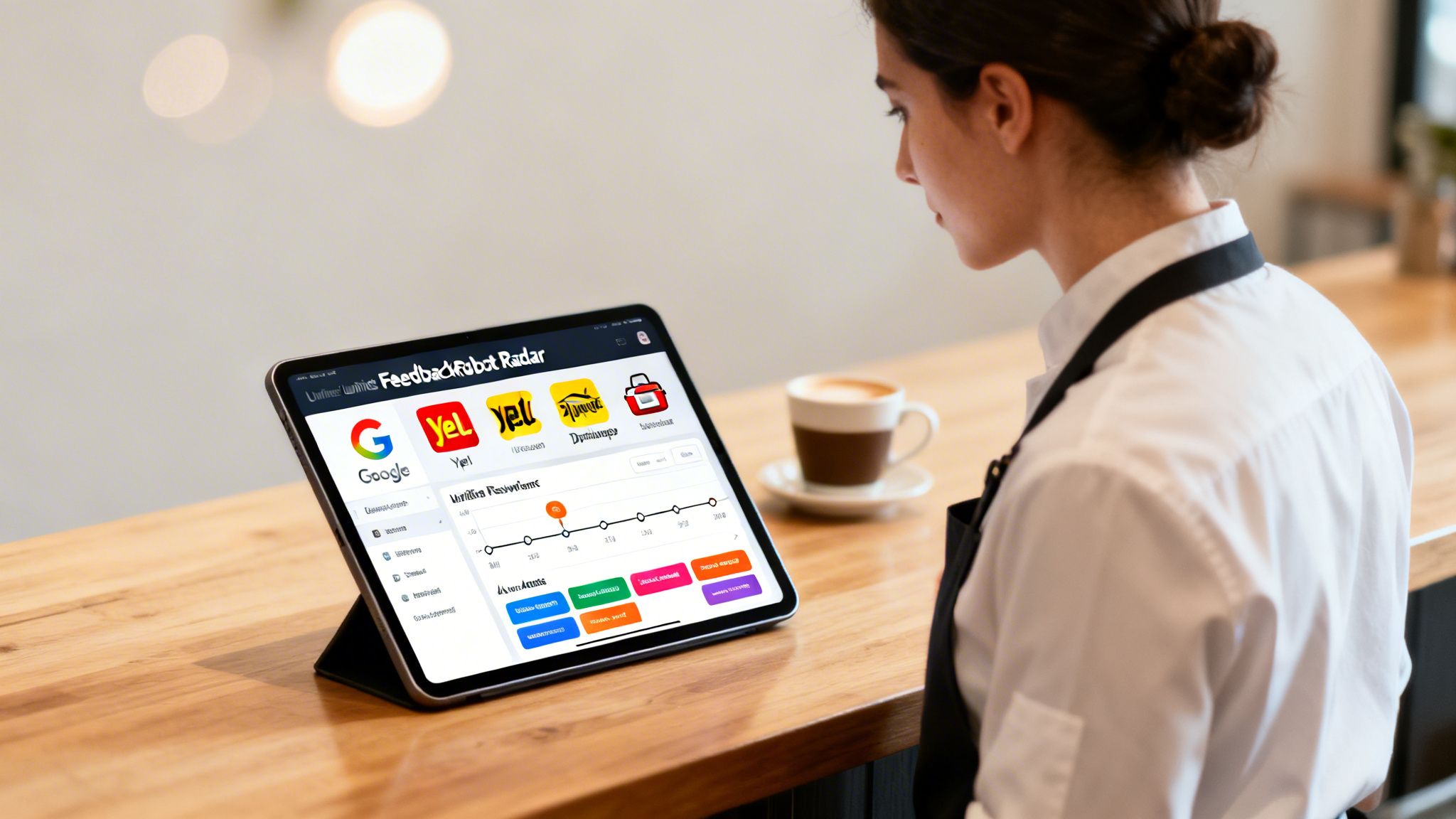 Barista views a tablet with a restaurant review management app showing Google and Yelp feedback.