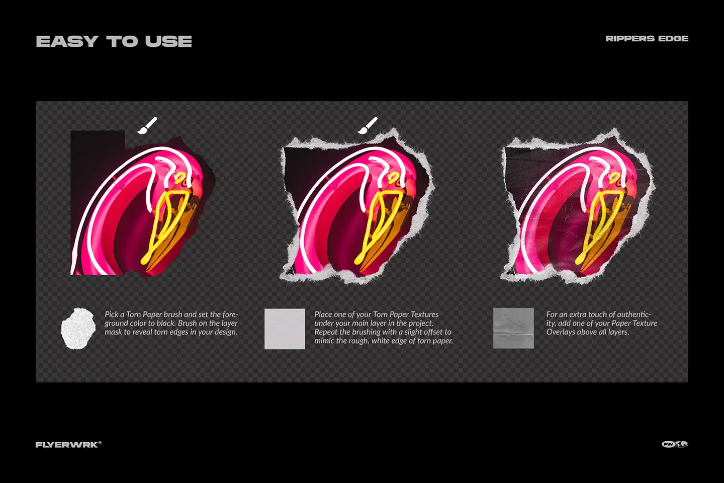 Step by step tutorial showing how to apply torn paper brushes to a neon pink flamingo design