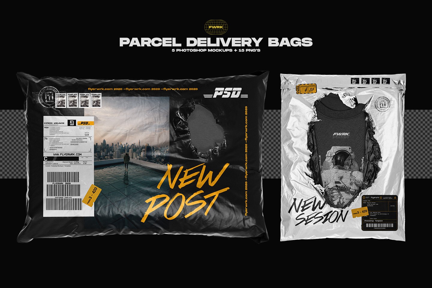 Parcel delivery bag mockups showing black and white shipping bags with labels