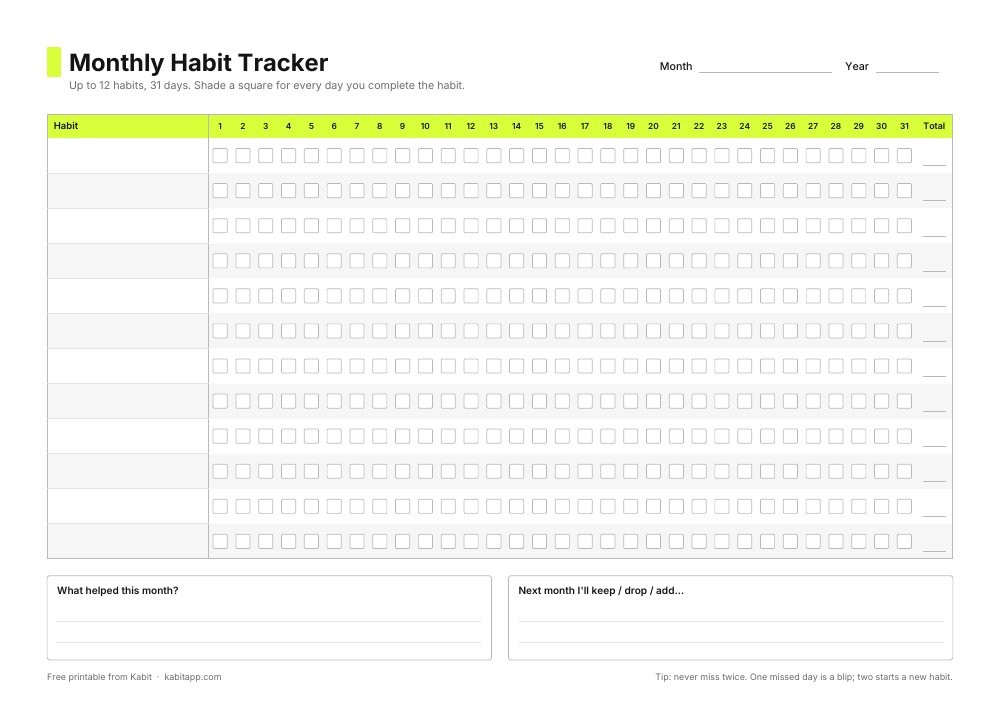 Monthly habit tracker printable PDF from Kabit