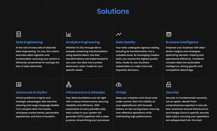 Image displaying various data solutions offered by Astrafy. The solutions include Data Engineering, Analytics Engineering, Data Quality, Business Intelligence, Advanced Analytics, Infrastructure & DataOps, FinOps, and Security. Each solution is briefly described, highlighting its role in enhancing data management, analysis, security, and operational efficiency.