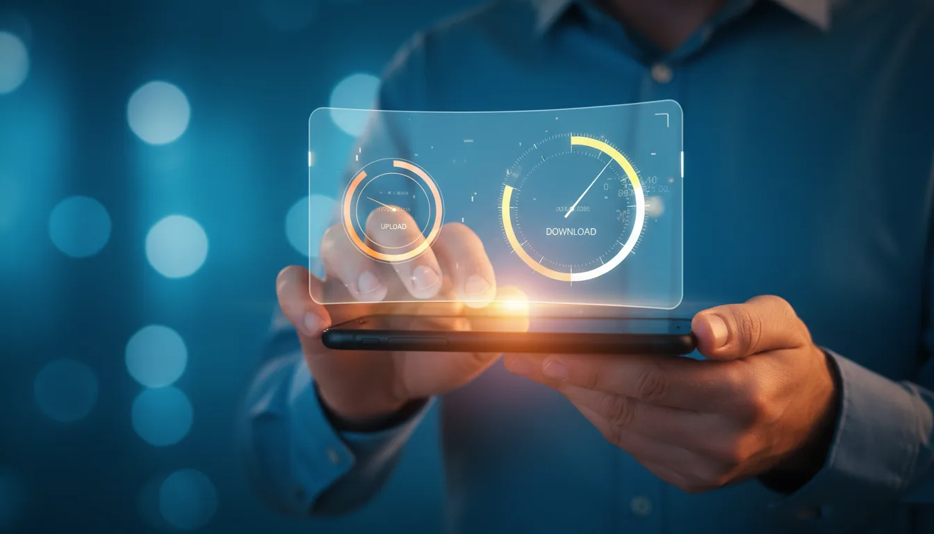 DSLR photography of a man in a blue collared shirt holding a black smartphone, close-up shot with a very shallow depth of field. A futuristic, semi-transparent holographic user interface with a glassmorphism style floats above the phone, displaying a network speed test. The UI features two glowing speedometer-style gauges, a smaller one for upload speed with orange accents and a larger one for download speed with a yellow indicator, both showing abstracted numbers. Cinematic contrast lighting with a dark, cool blue ambient background and soft bokeh, contrasted by a warm, bright glow emanating from the smartphone and the holographic display.