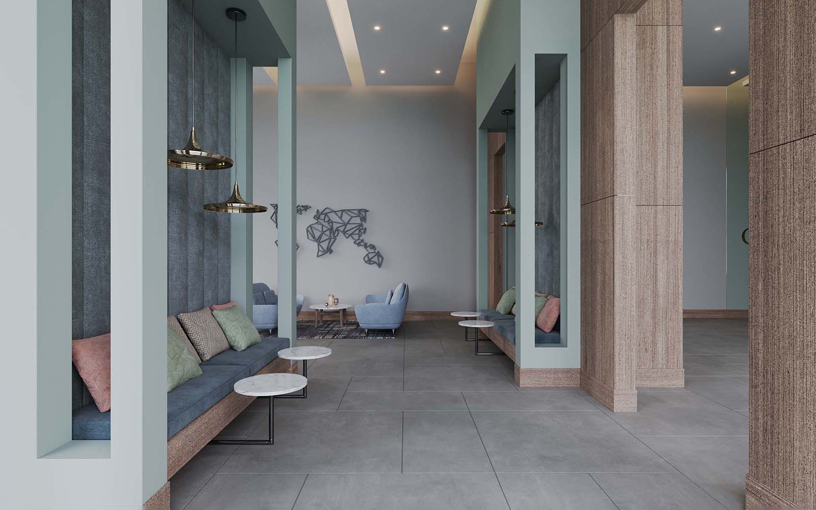 Contemporary living room with sliding glass doors, providing a seamless transition to the outdoor area at Peninsula One.
