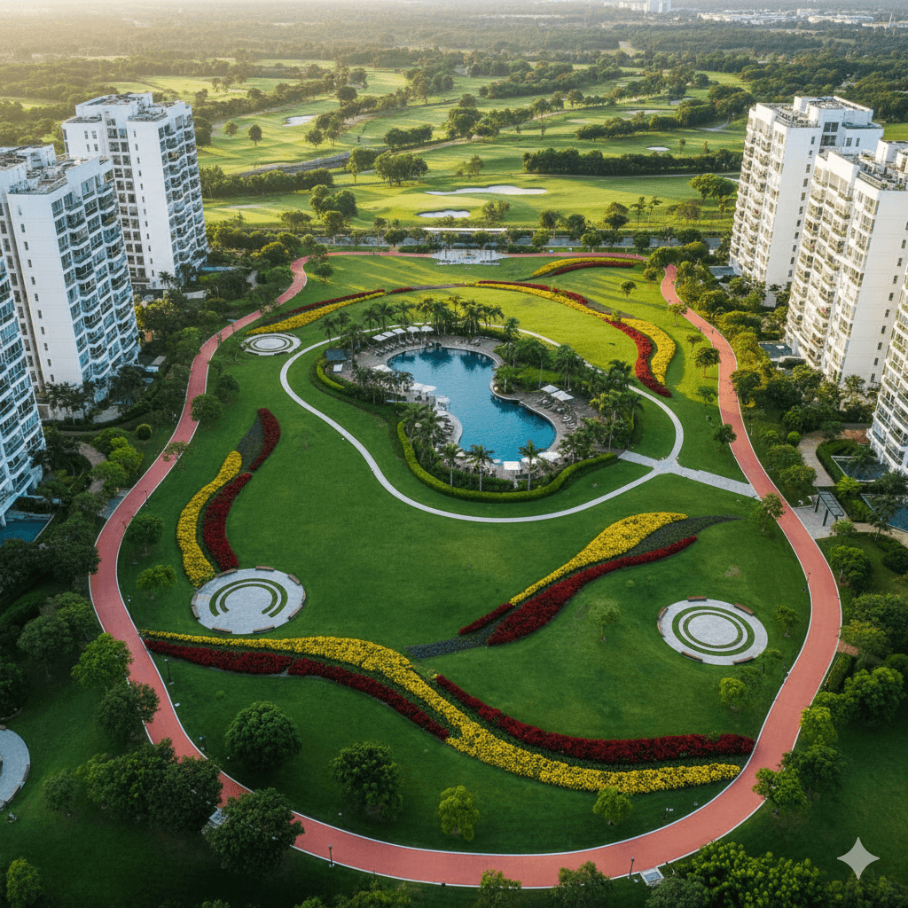 Aerial view of vast landscaped green park with jogging track and central pool at luxury Gurugram residential project.
