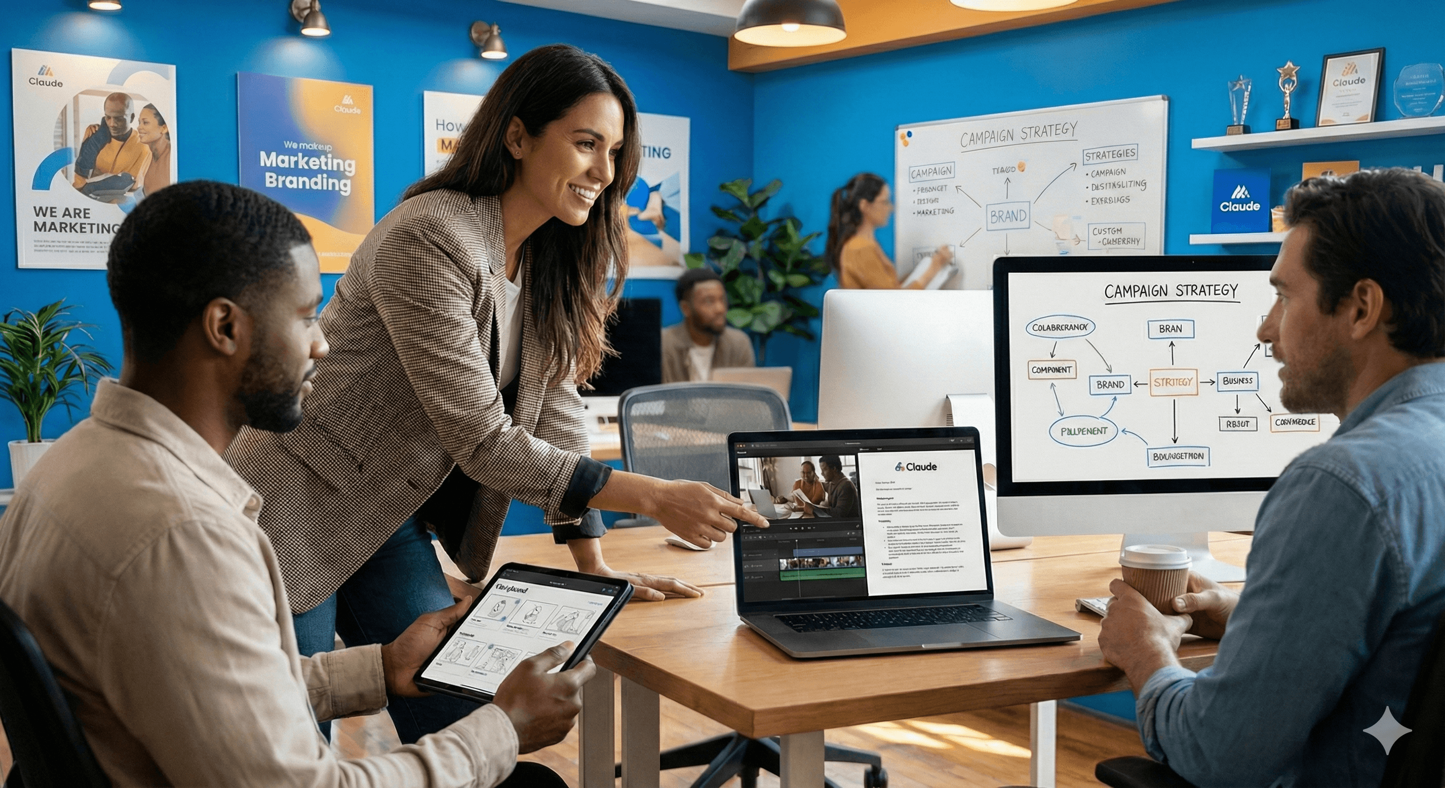 In a modern office setting, diverse professionals engage in a collaborative meeting discussing campaign strategy, featuring a laptop displaying a presentation and posters with the "Claude for Ads" branding on the walls.