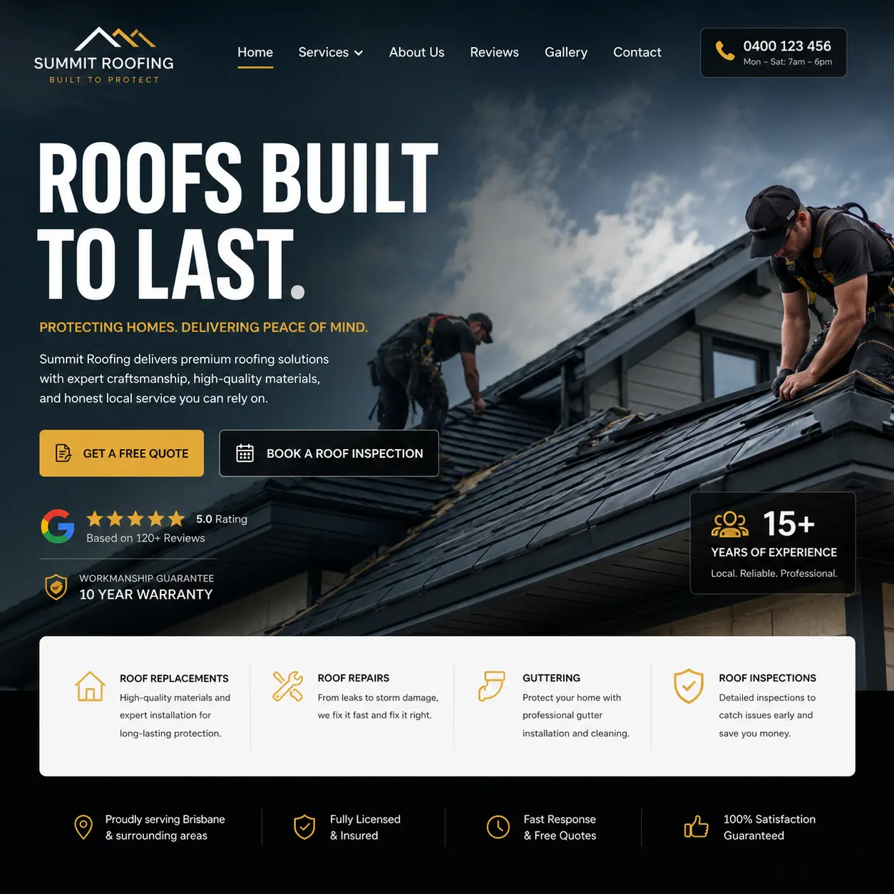 Two roofers installing tiles on a residential roof — Summit Roofing homepage hero image showcasing roofing services in Brisbane