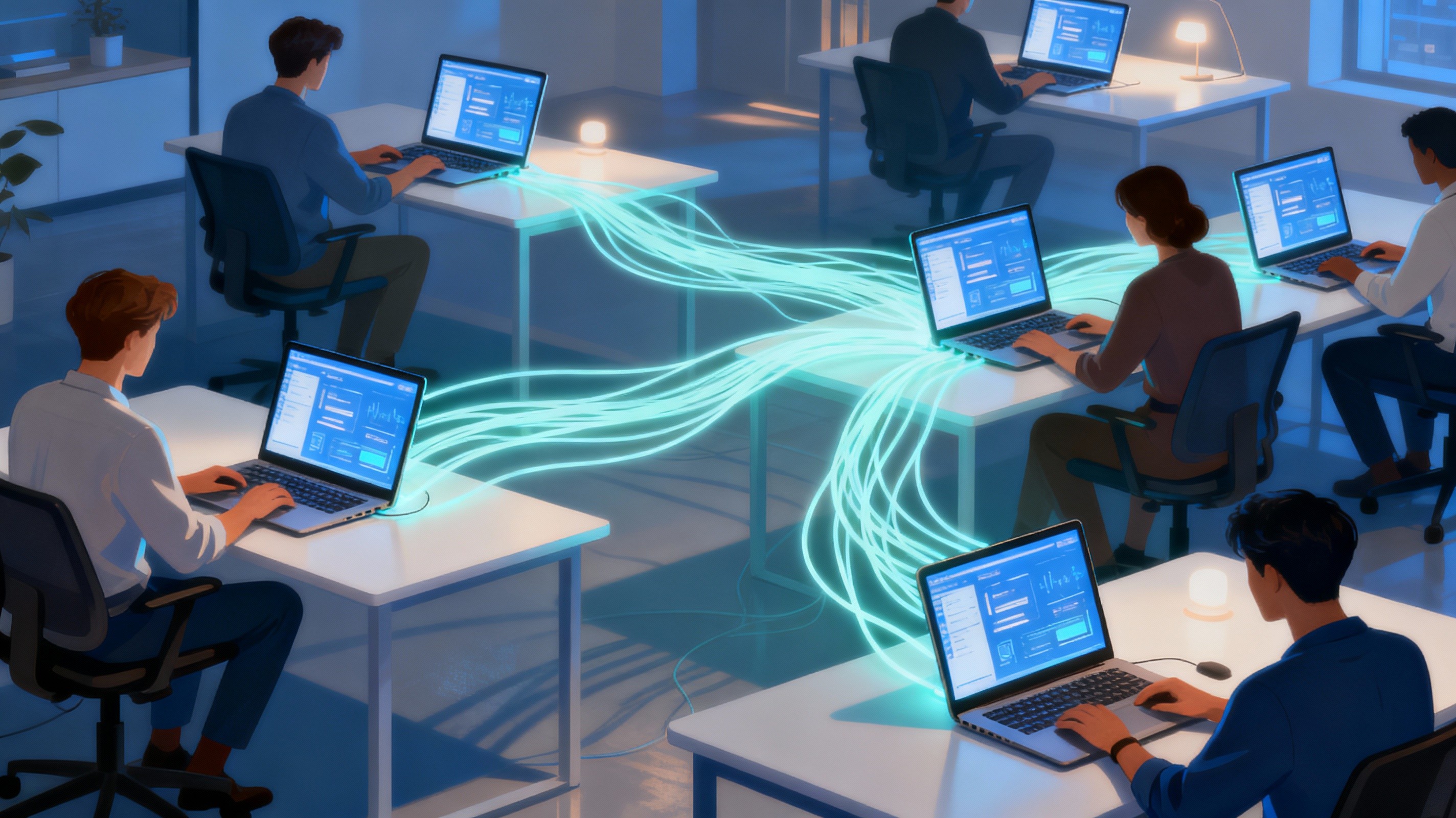 Multiple team members  all connected to a single unified platform with  connection lines flowing between every laptop, seamless data integration, everyone collaborating with synchronized displays