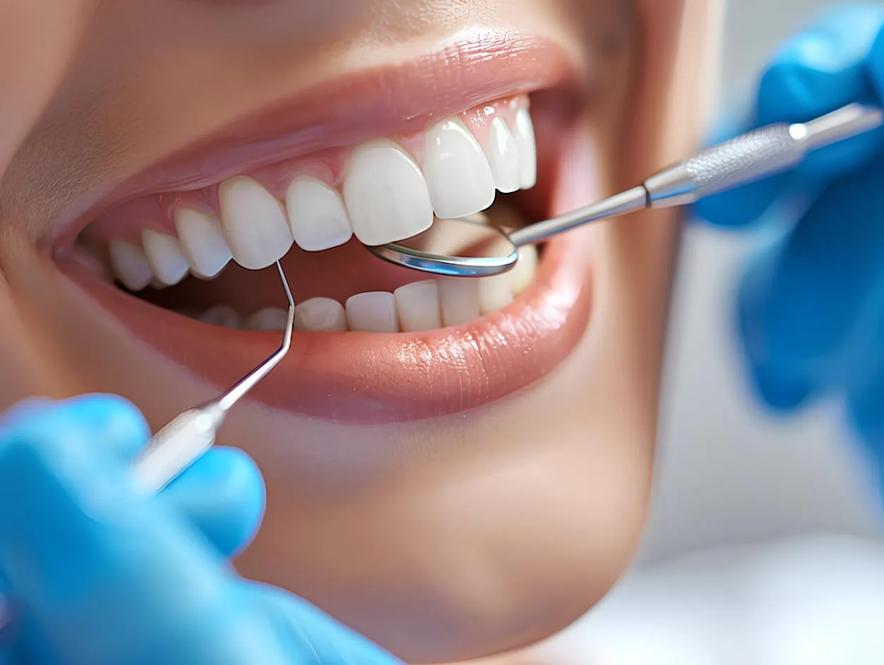 A close-up of a person smiling, showing white teeth while a dentist examines with tools.