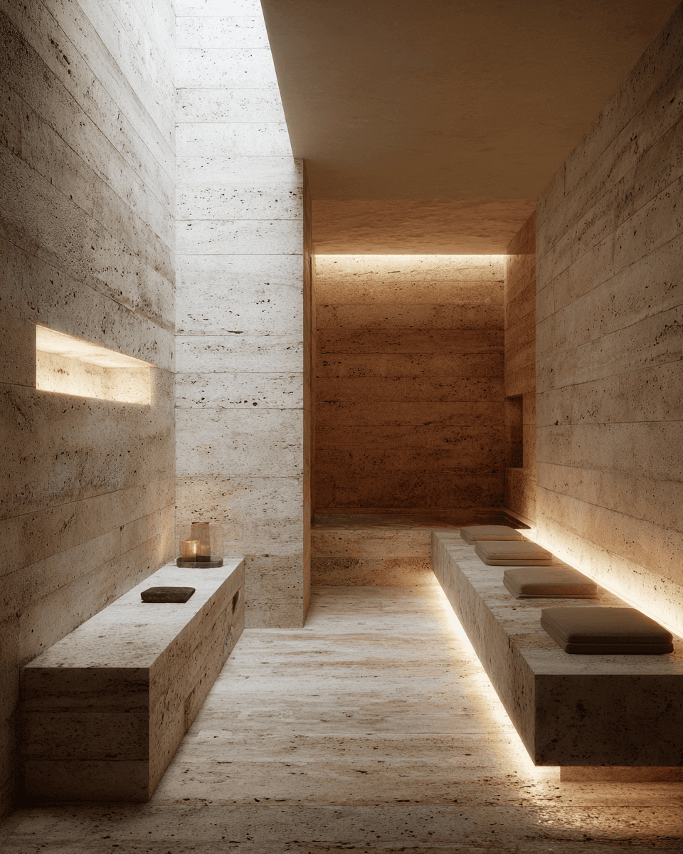 Minimalist spa interior with raw travertine stone walls, built-in bench seating with linen cushions, and warm recessed lighting along the floor and ceiling slot