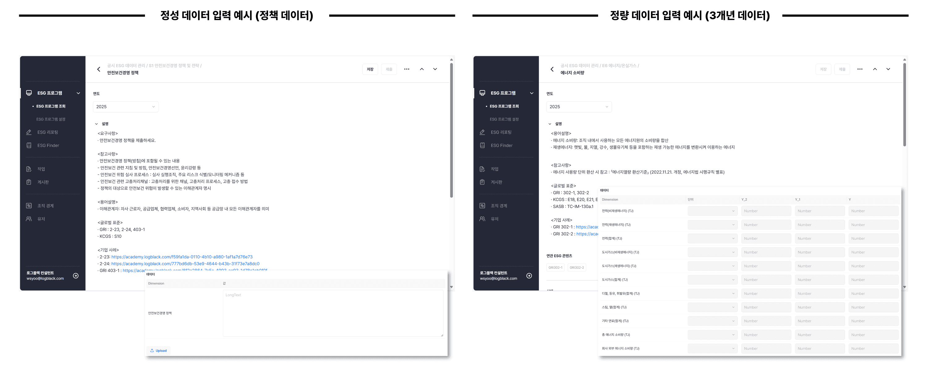 정성/정량 데이터 입력 예시