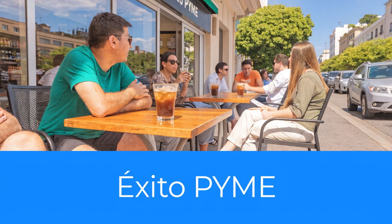 Grupo de jóvenes profesionales sentados en una terraza de cafetería conversando animadamente durante un día soleado.