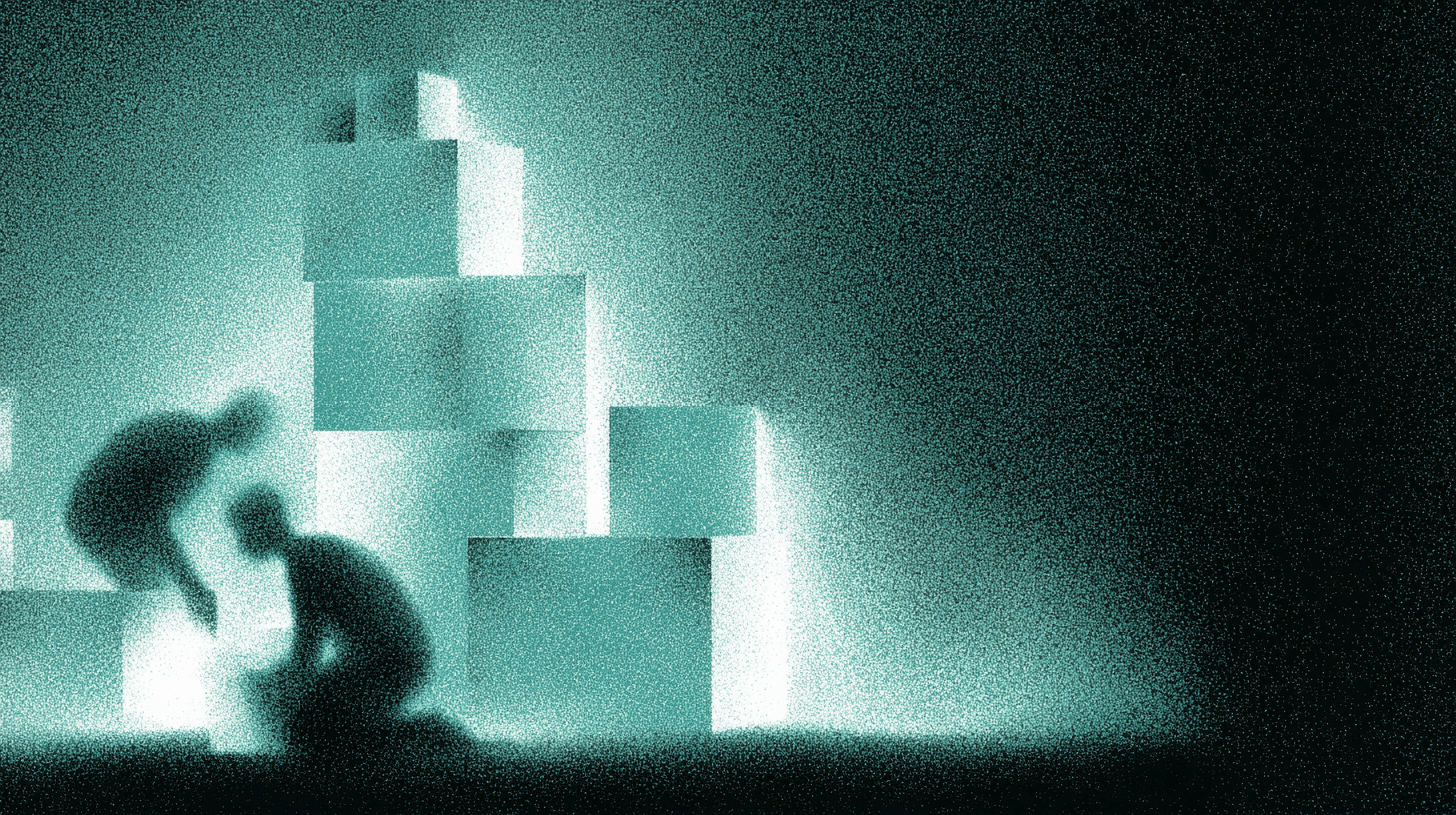Blurred silhouette beside stacked glowing cubes on a dark background, symbolizing building a voice agent step by step.