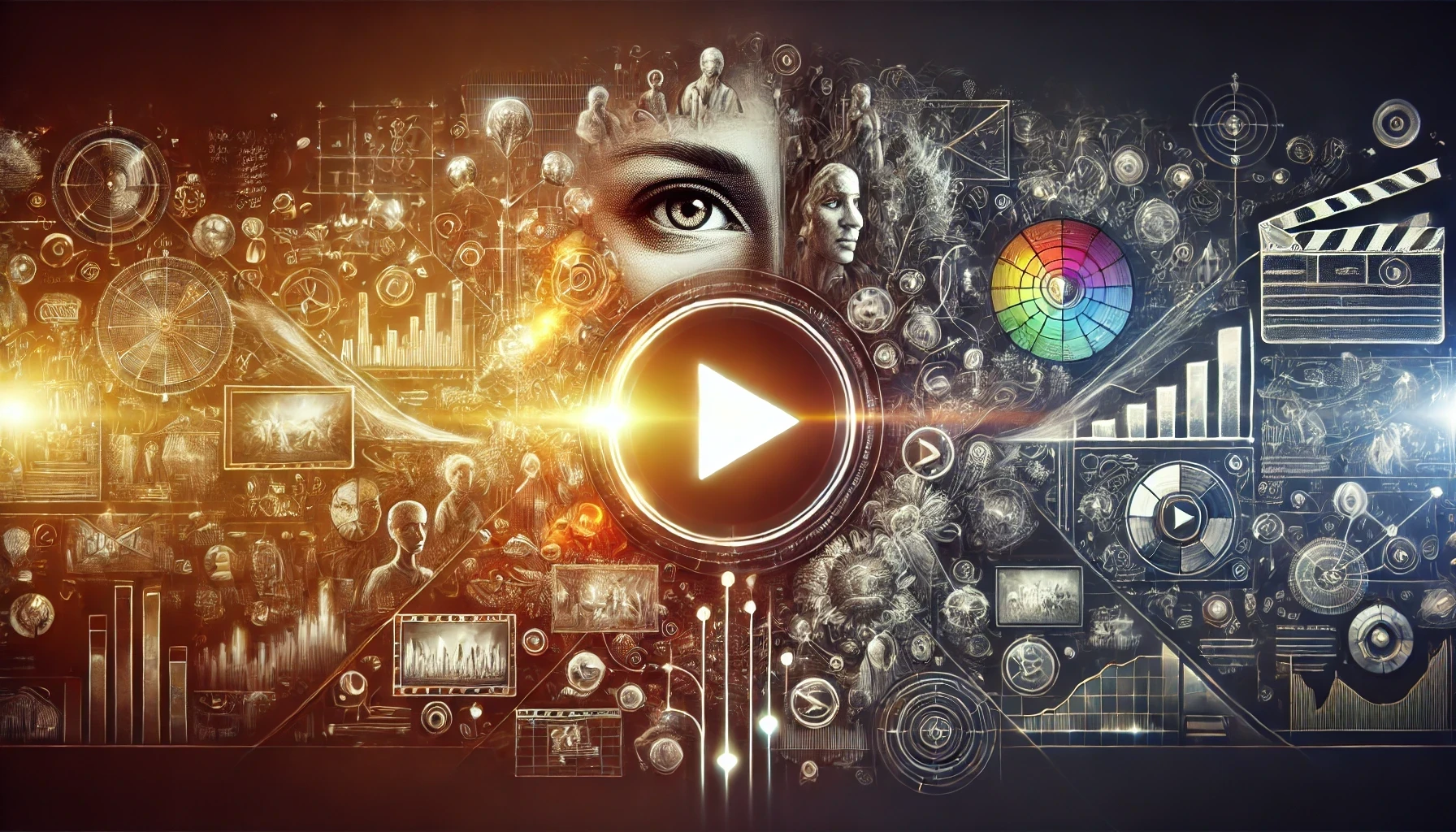 Illustration of a human brain transforming into a film reel with vivid emotional video scenes emerging