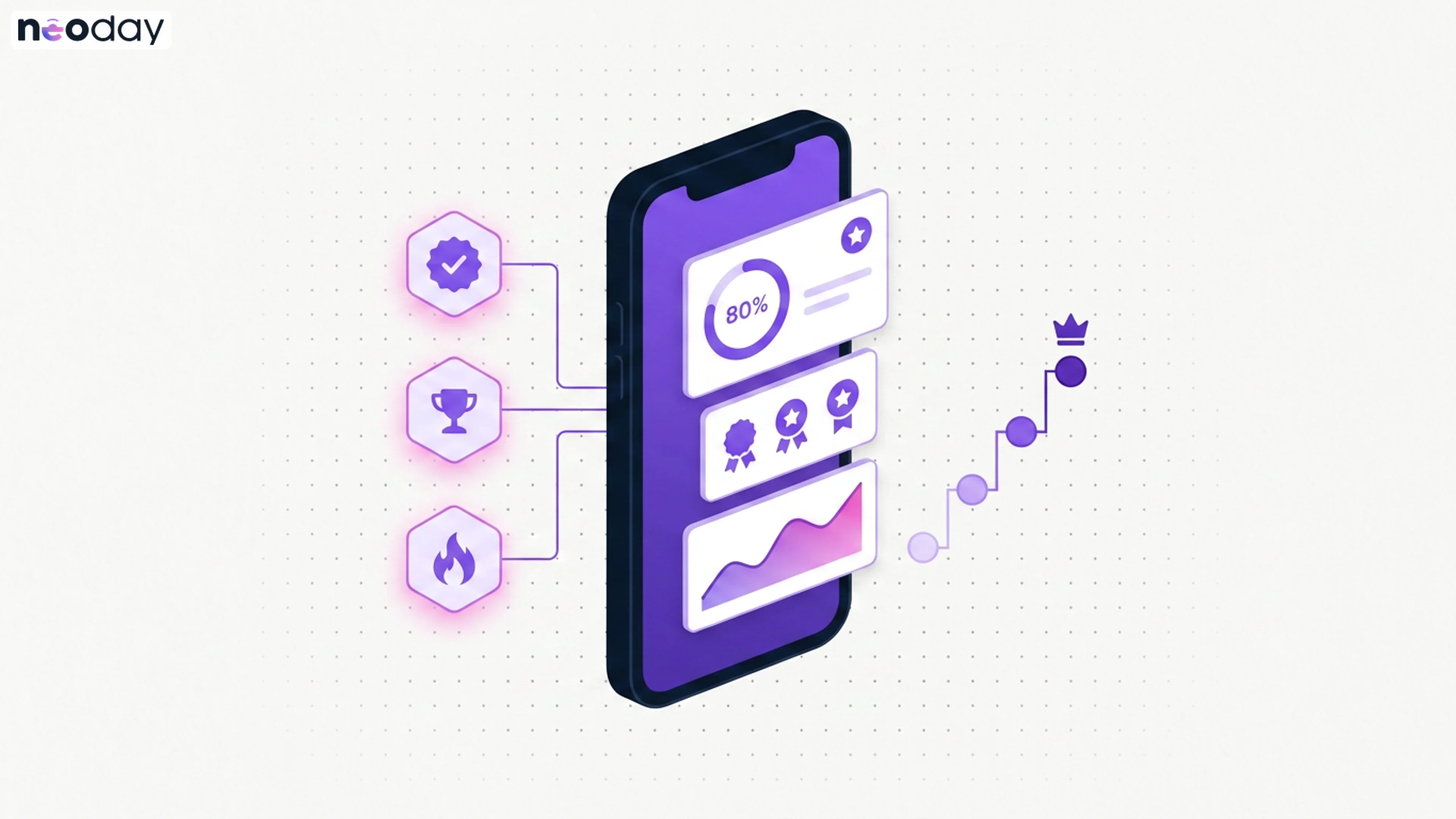 Illustration of a gamified retail loyalty program with points, missions, badges, and a mobile app