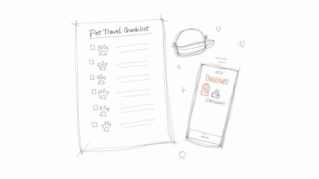 A person's hands are shown holding a small dog wearing a travel harness inside a car, ready for a trip.