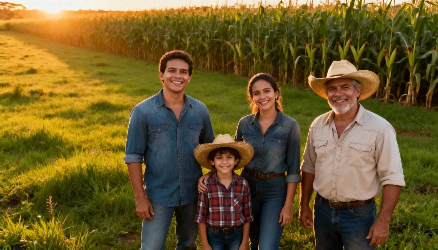 Imagem de uma familia de produtores feliz