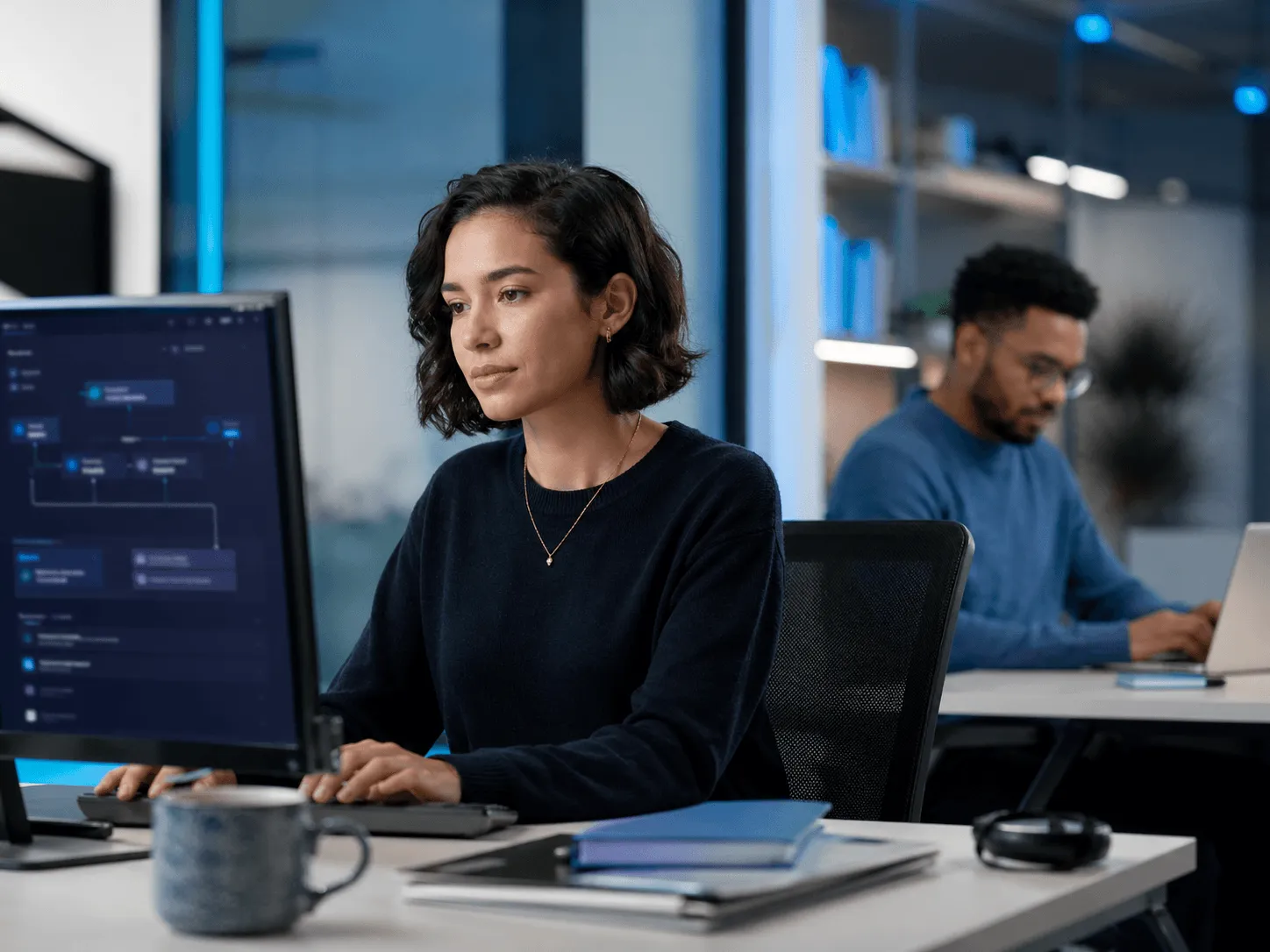 Support team members managing customer requests in an organized workspace.