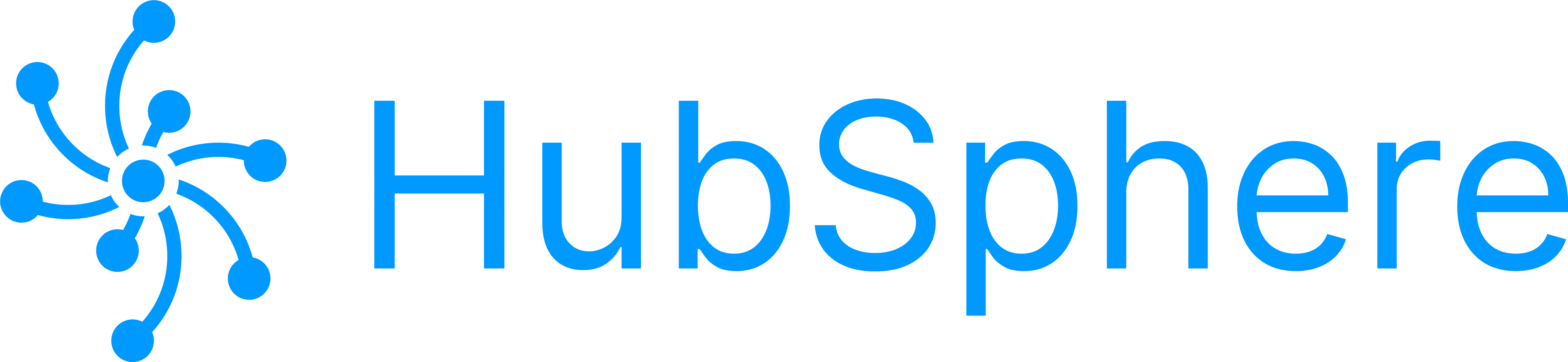 Variante du logo HubSphere représentant un réseau central avec des branches bleues et blanches connectées, sur fond noir quadrillé.