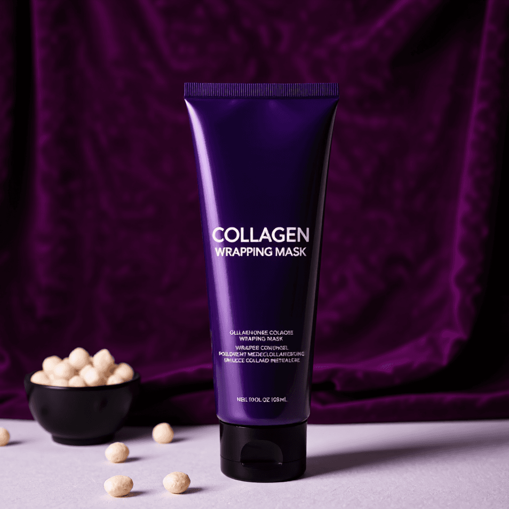 product photography of tube of collagen wrapping mask