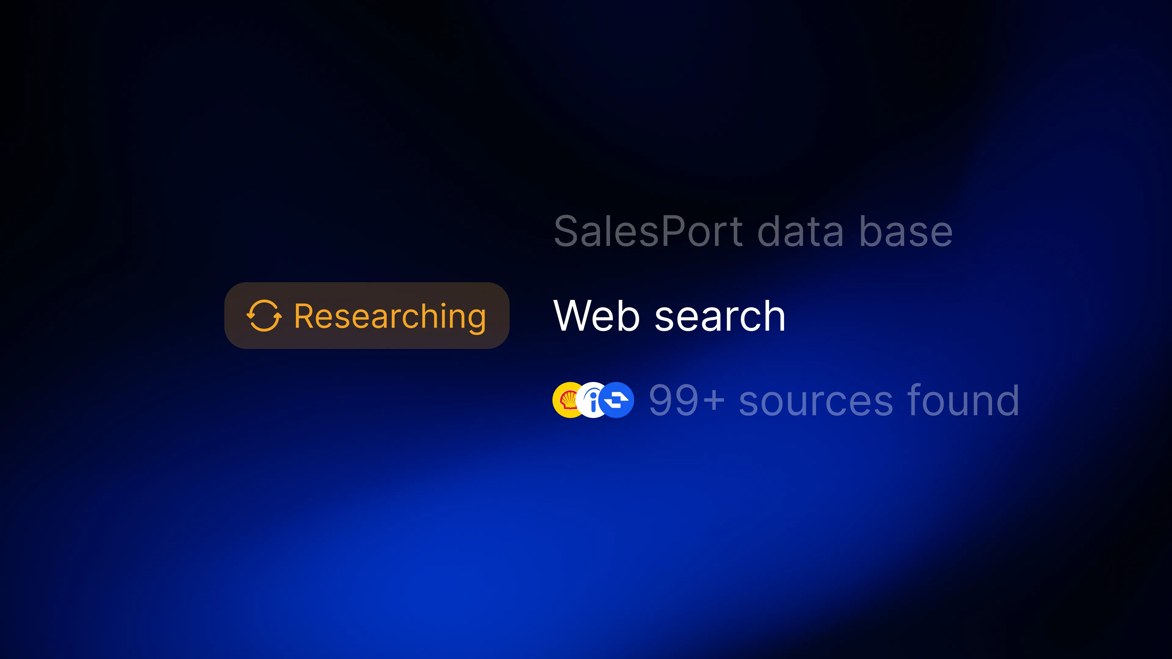 SalesPort web search interface with data research progress and sources found