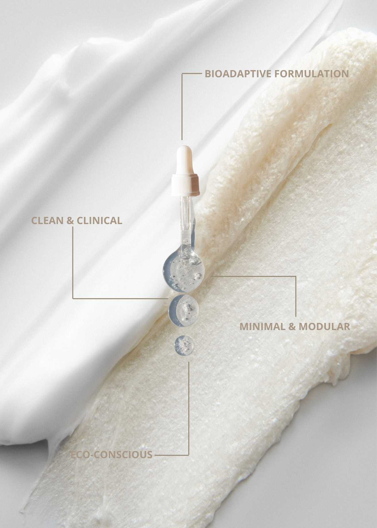 Sael Seasonal Skincare bioadaptive cream texture with dropper and clean, minimalist formulation diagram highlighting clean, modular, and eco-conscious ingredients.