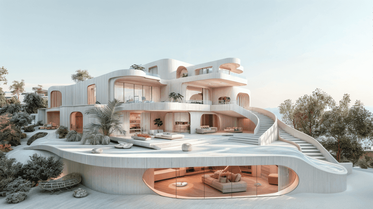 Symmetrical circular arch pavilion reflecting in a still water pool at sunset