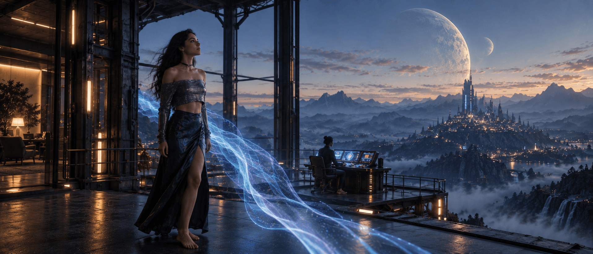 A woman with flowing blue energy in a futuristic observatory overlooking a mountain city.