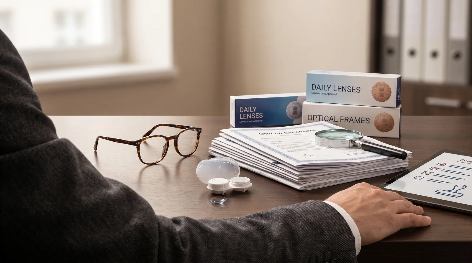 Eyewear and Contact Lens Trading in Dubai beside product packaging and an approval stamp