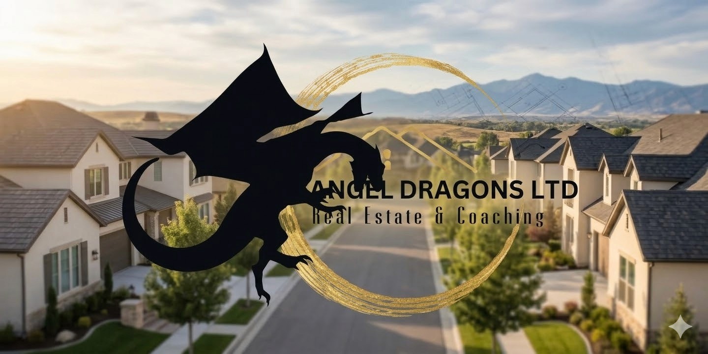 Dragon silhouette logo over suburban neighborhood with “Angel Dragons Ltd Real Estate & Coaching” text overlay.