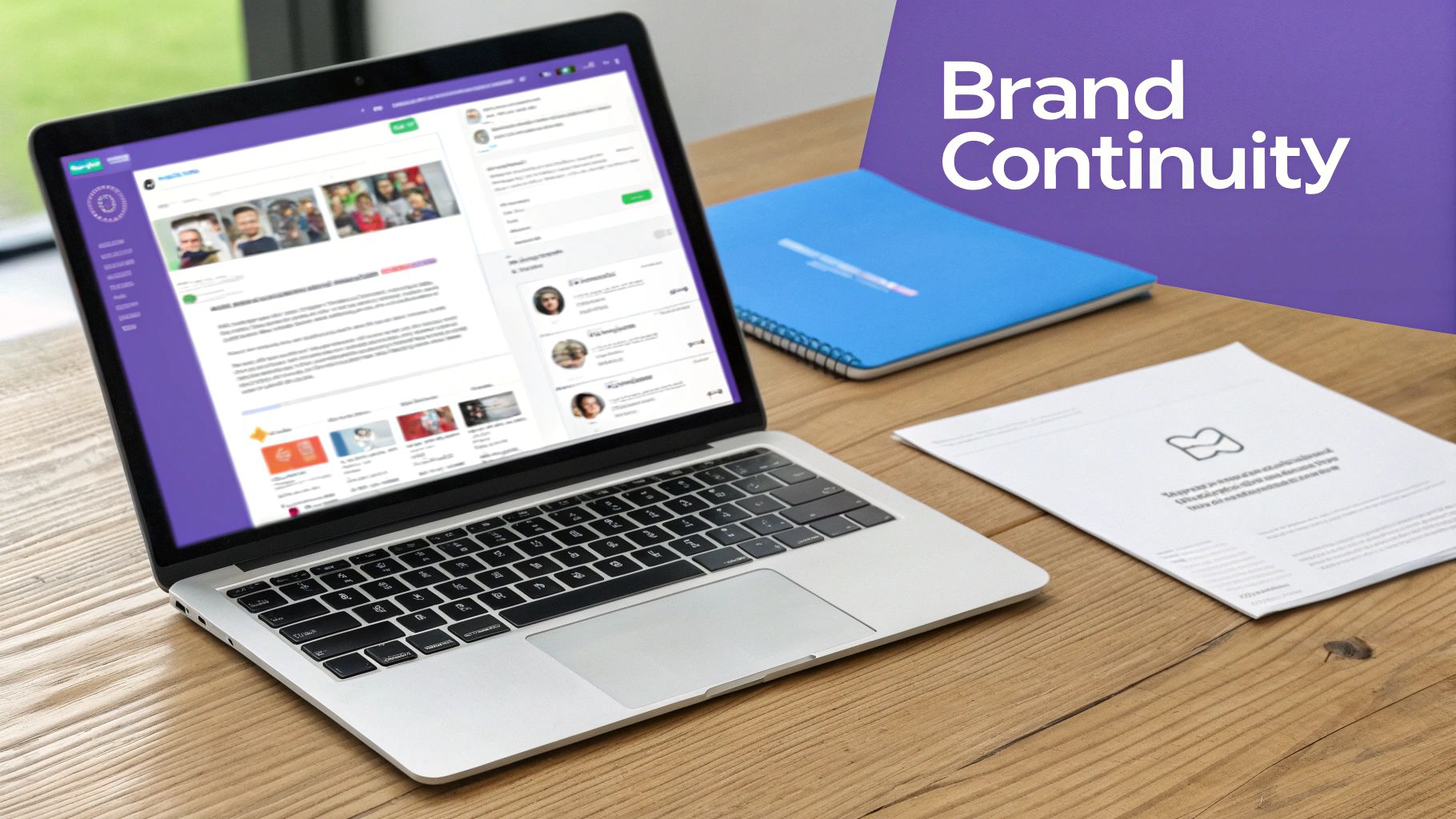 Laptop on a wooden desk displaying a brand's website next to a blue notebook and document, illustrating brand continuity.