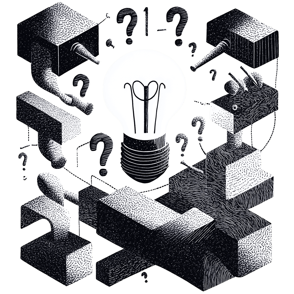 Illustration en noir et blanc d'une ampoule entourée de blocs géométriques et de points d'interrogation, symbolisant une idée.