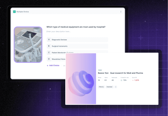 MRI machine with glowing blue ring and control panel on extendable bed against dark purple gradient background with geometric grid overlay.