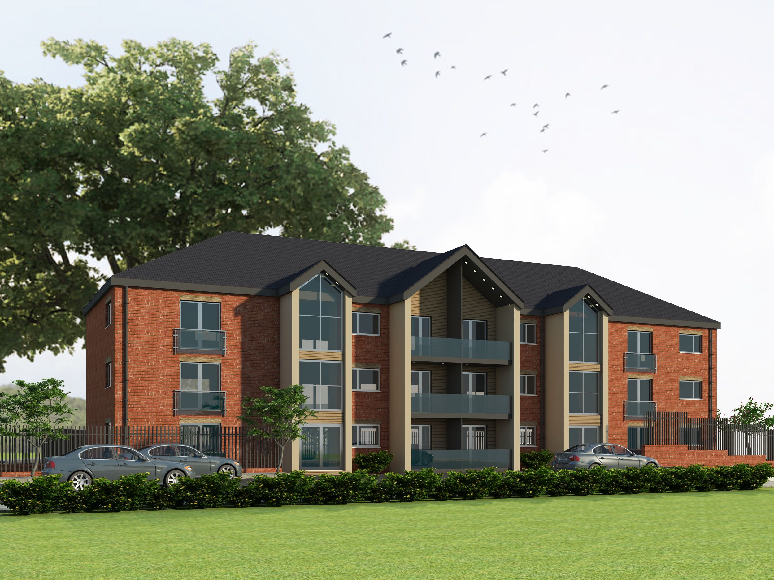 3D architectural visualisation of a contemporary three-storey apartment building with balconies and brick façades in Manchester.