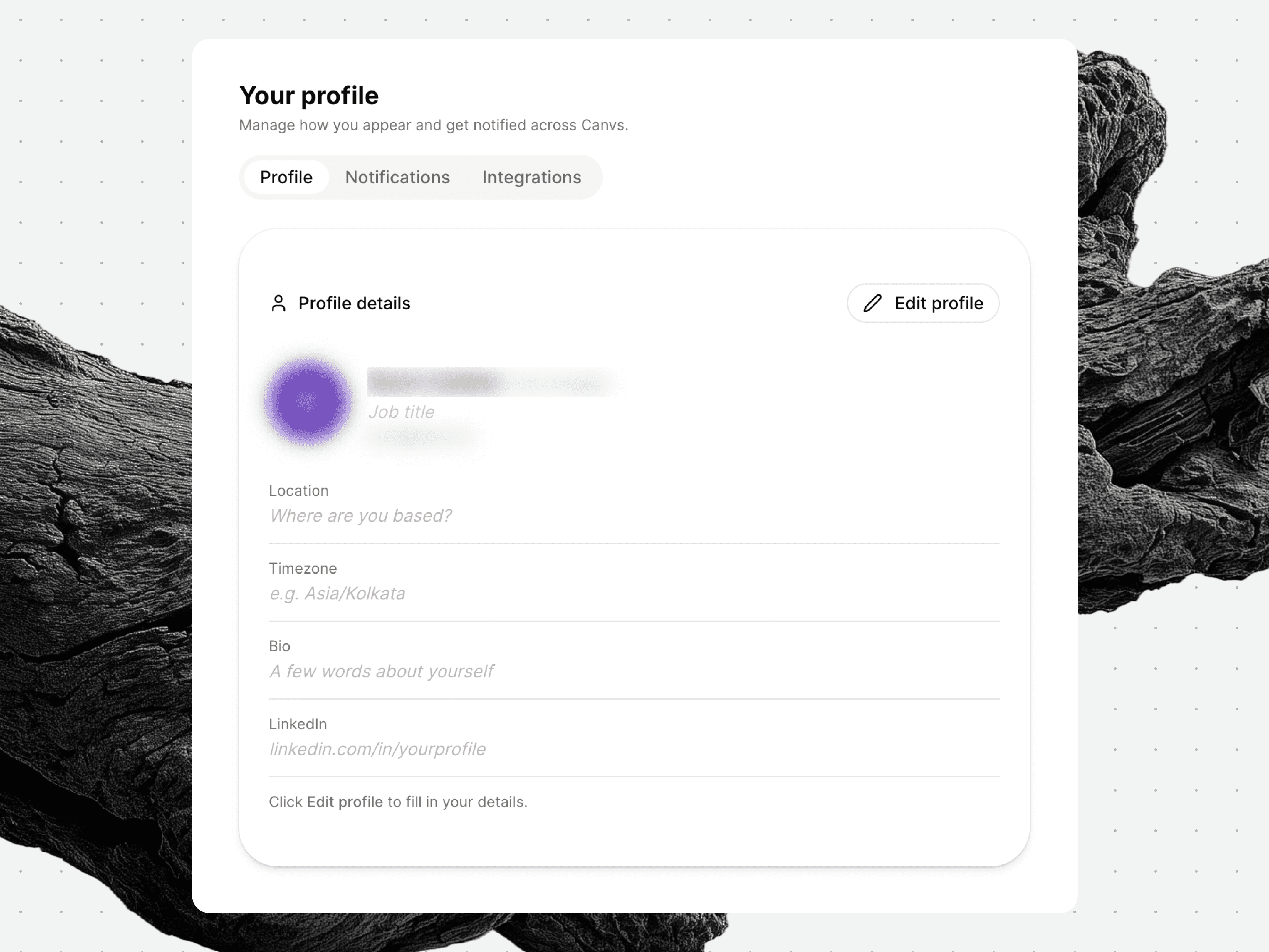 One profile every Canvs app reads from, with name, role, timezone and links set once instead of re-entered in each app.