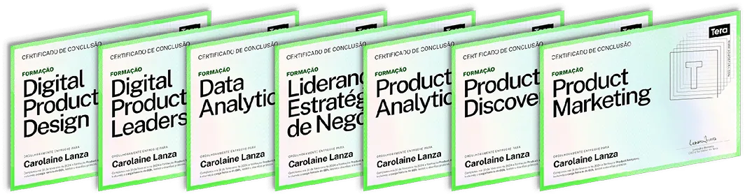 Uma série de seis certificados de formaçao dispostas em fila, cada uma com texto e designs diferentes.