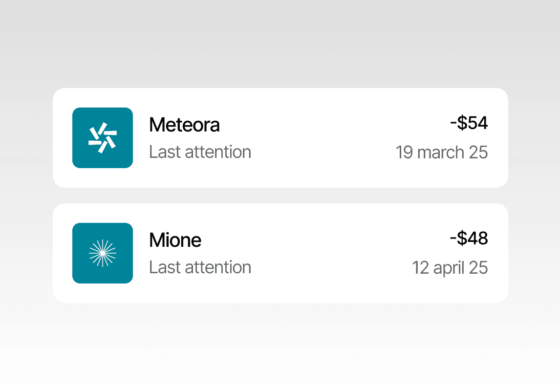 Two notification cards displaying Meteora and Mione details, including financial amounts and attention dates.