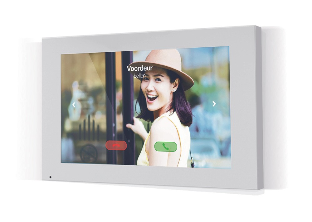 Black smart home device with screen showing time and temp