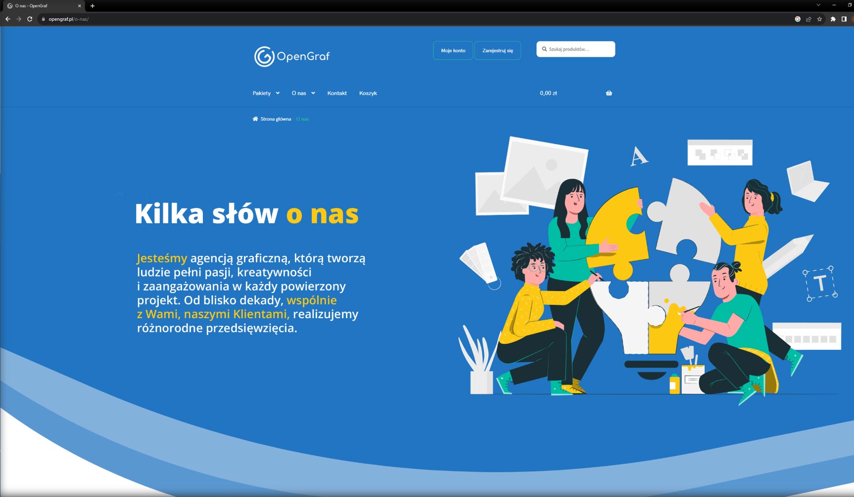 Web Design sekcji "O nas" – wykorzystanie storytellingu i ilustracji przedstawiającej pracę zespołową (puzzle) w błękitnej kolorystyce.