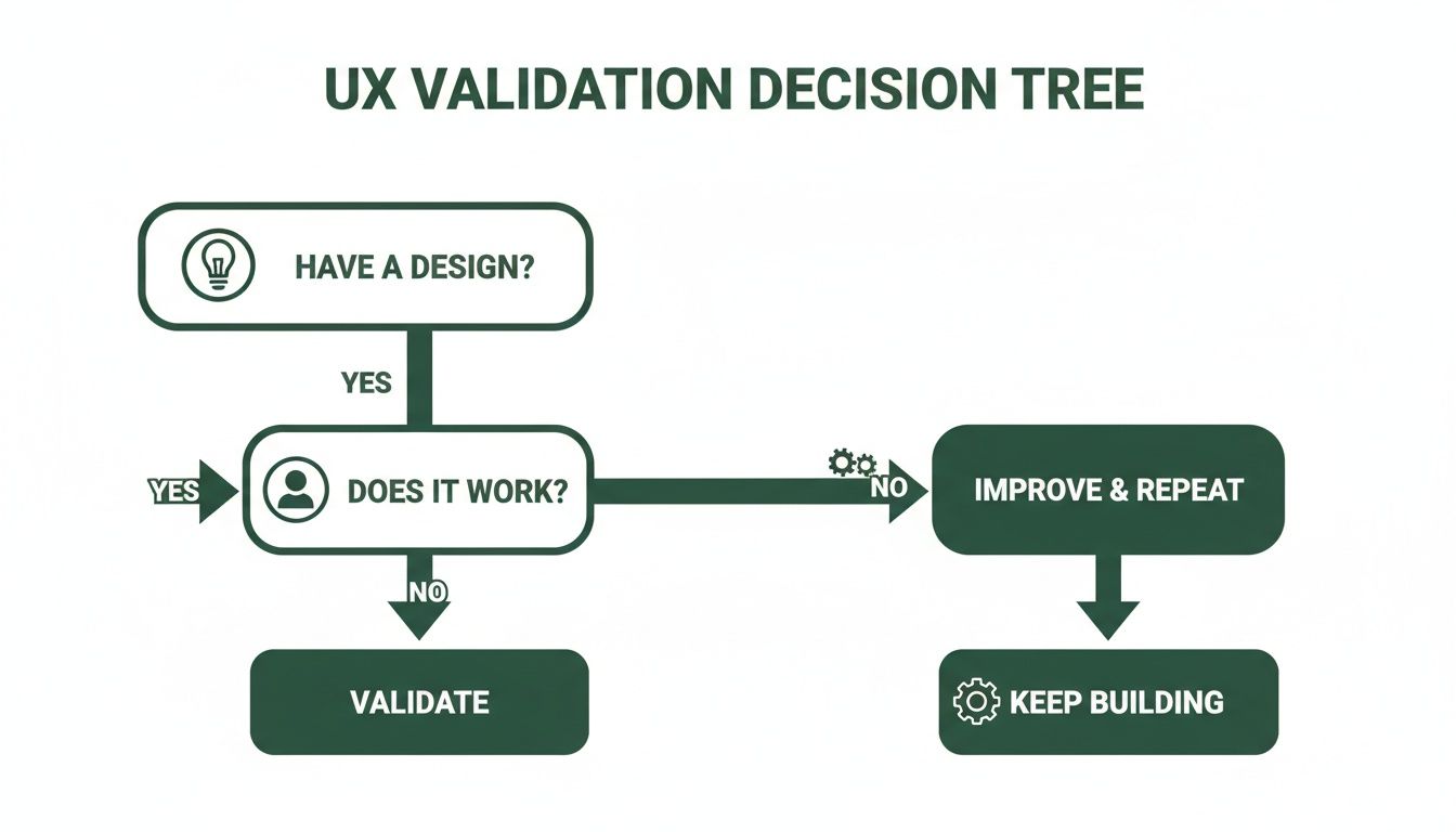 Flowchart illustrating UX validation process: design, test, validate, improve, repeat, and build.