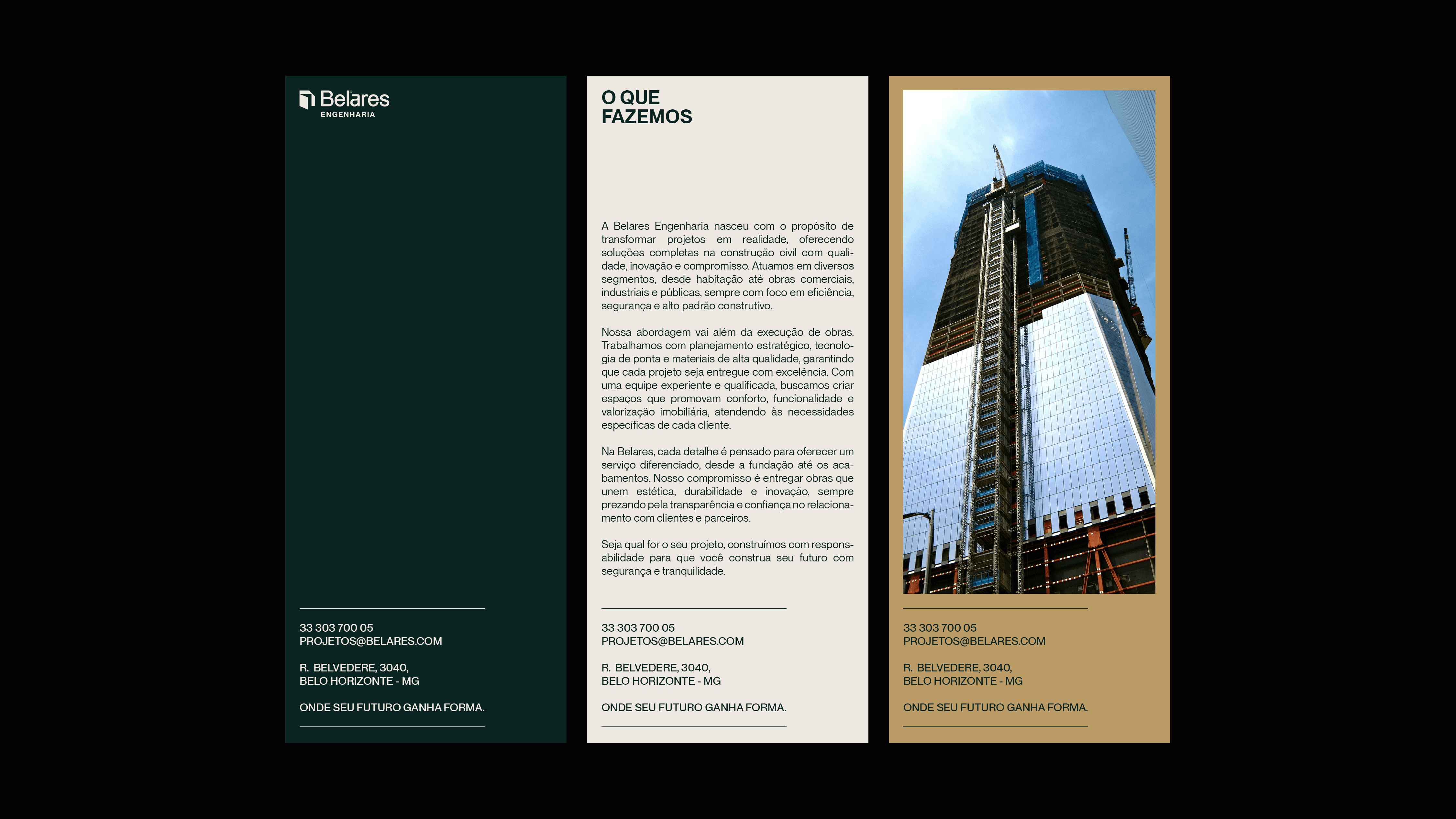 Folder institucional da Belares com apresentação de serviços e imagem de edifício comercial em construção.