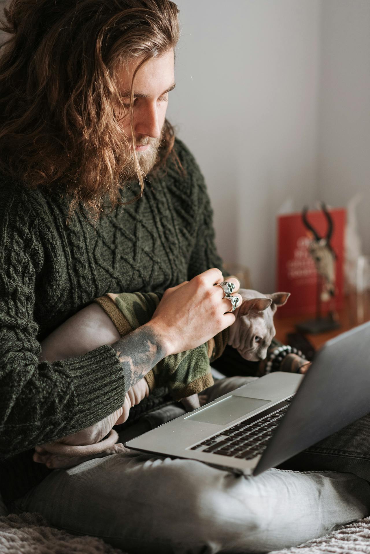 Picture of a bearded man holding a cat while looking at a computer screen