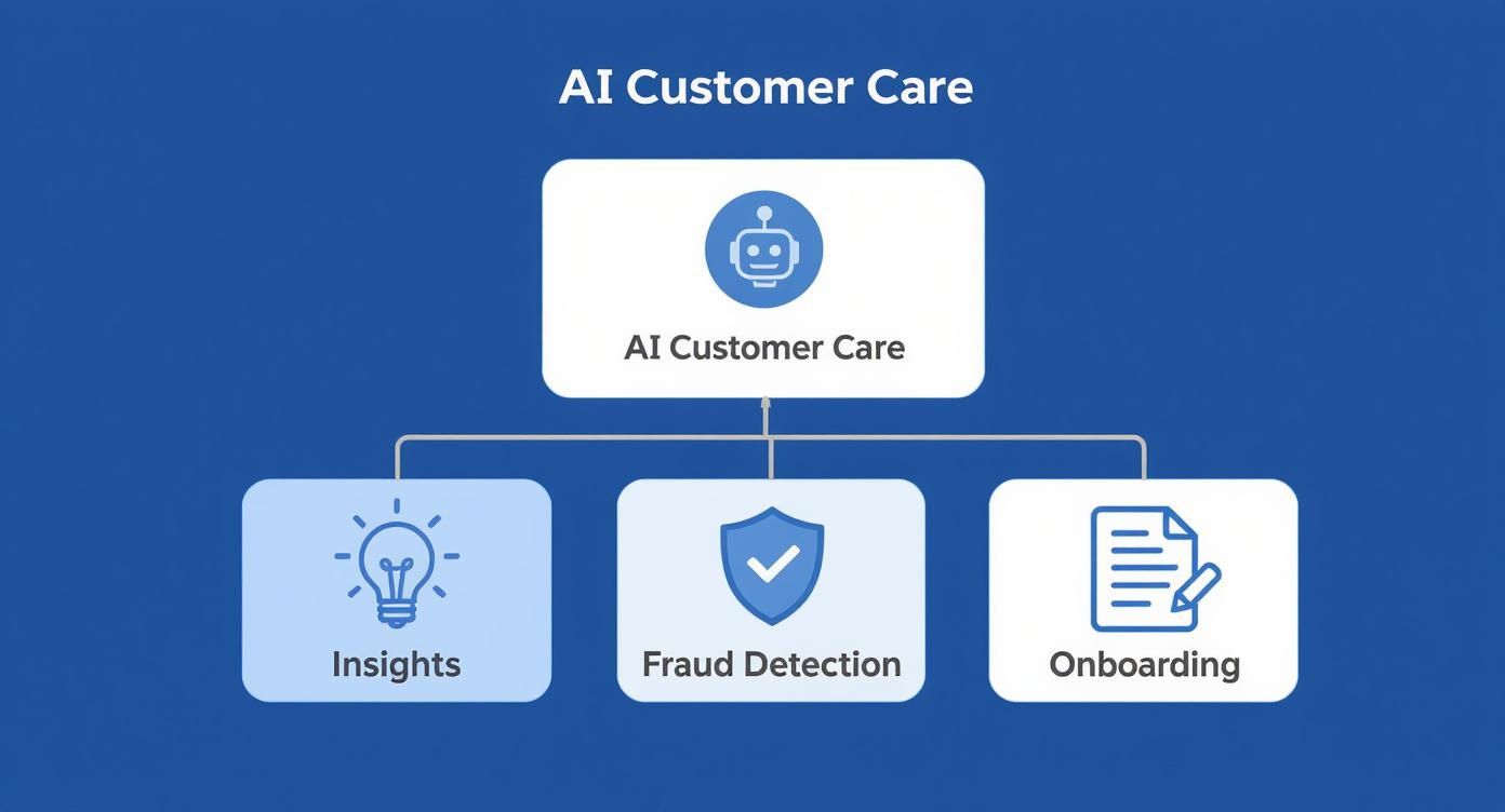 A diagram illustrating AI Customer Care's key functions: Insights, Fraud Detection, and Onboarding.