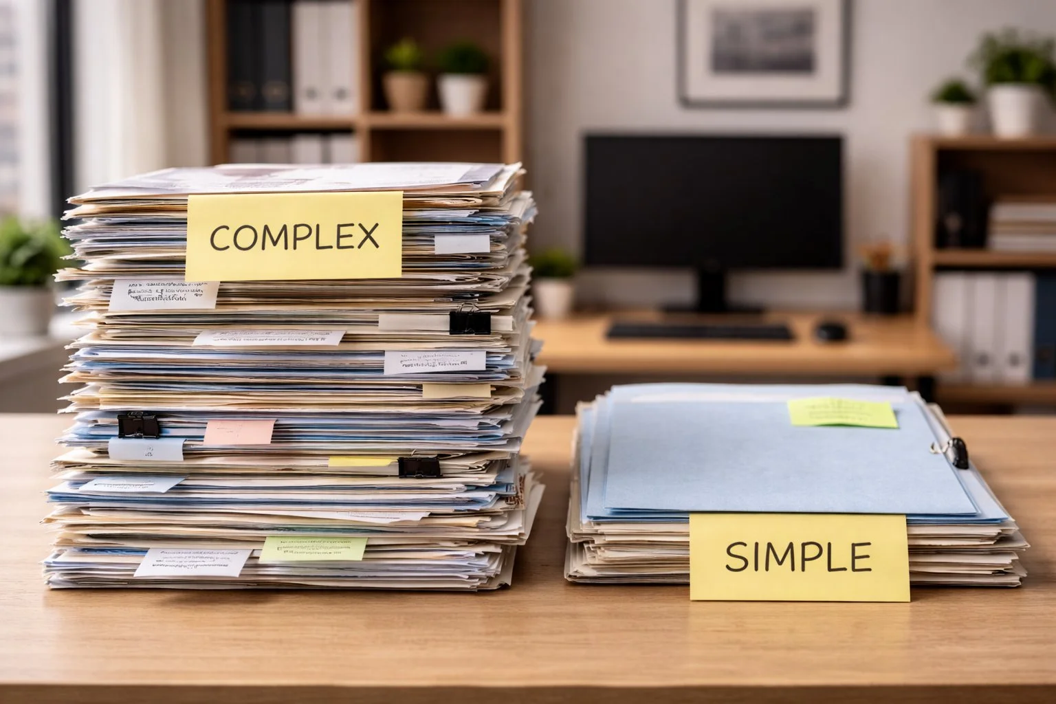 Neatly stacked paperwork shown in two groups, one small and simple and the other thicker and more complex, illustrating increased complexity.