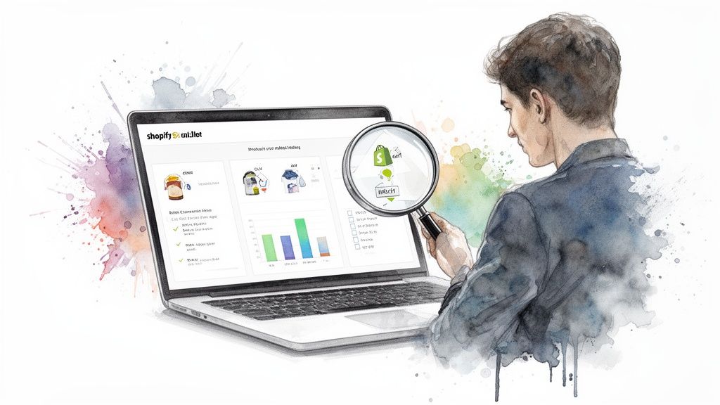 Watercolor illustration of a person analyzing e-commerce data on a laptop, highlighting the Shopify platform.