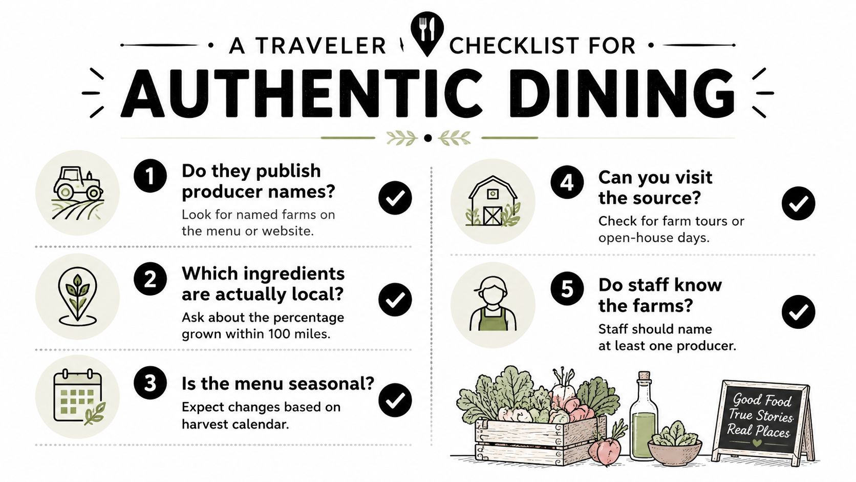 A traveler checklist for authentic dining, outlining five key criteria for identifying farm-to-table restaurants while traveling.