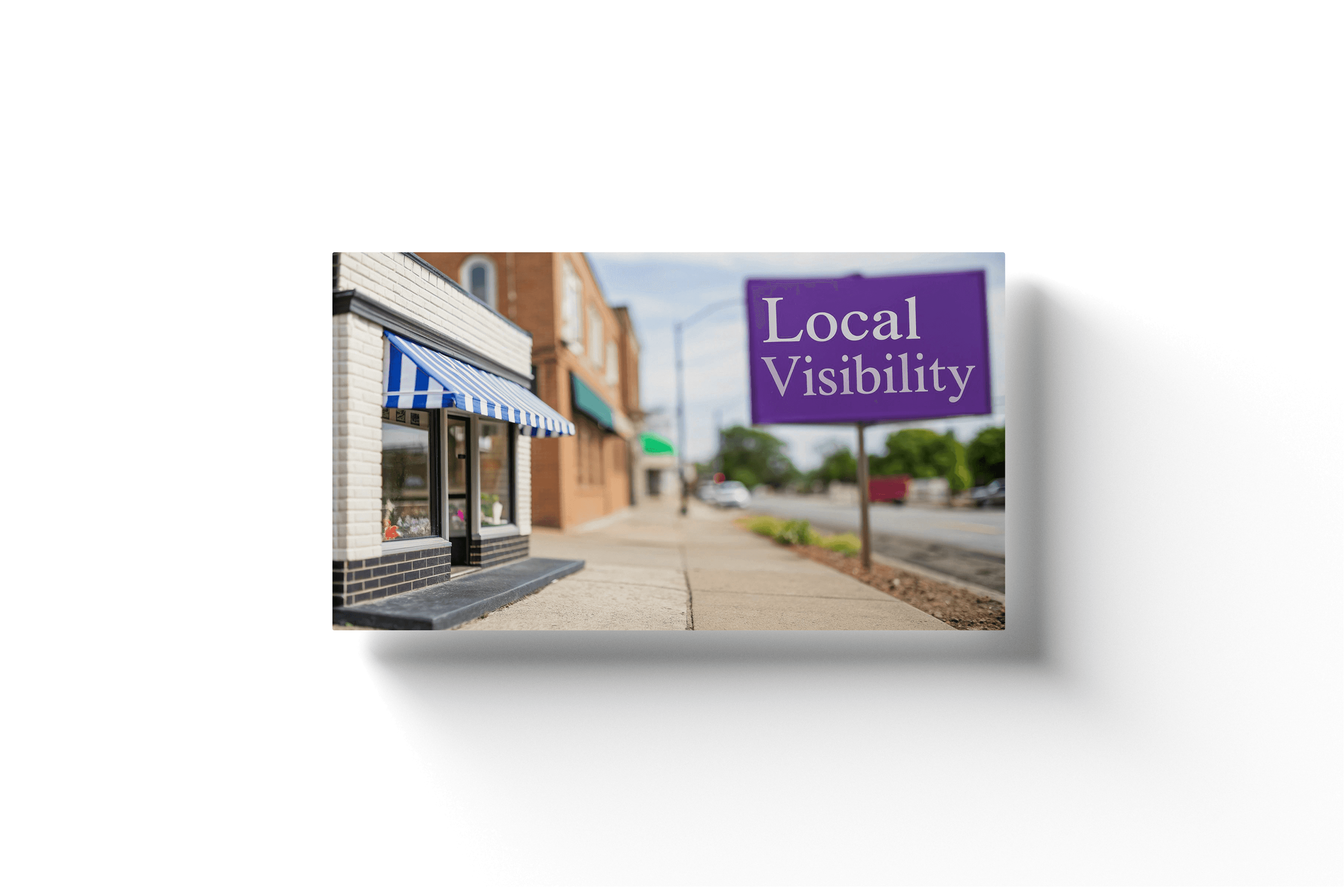 a sidewalk with a purple billboard displaying 'local visibility'