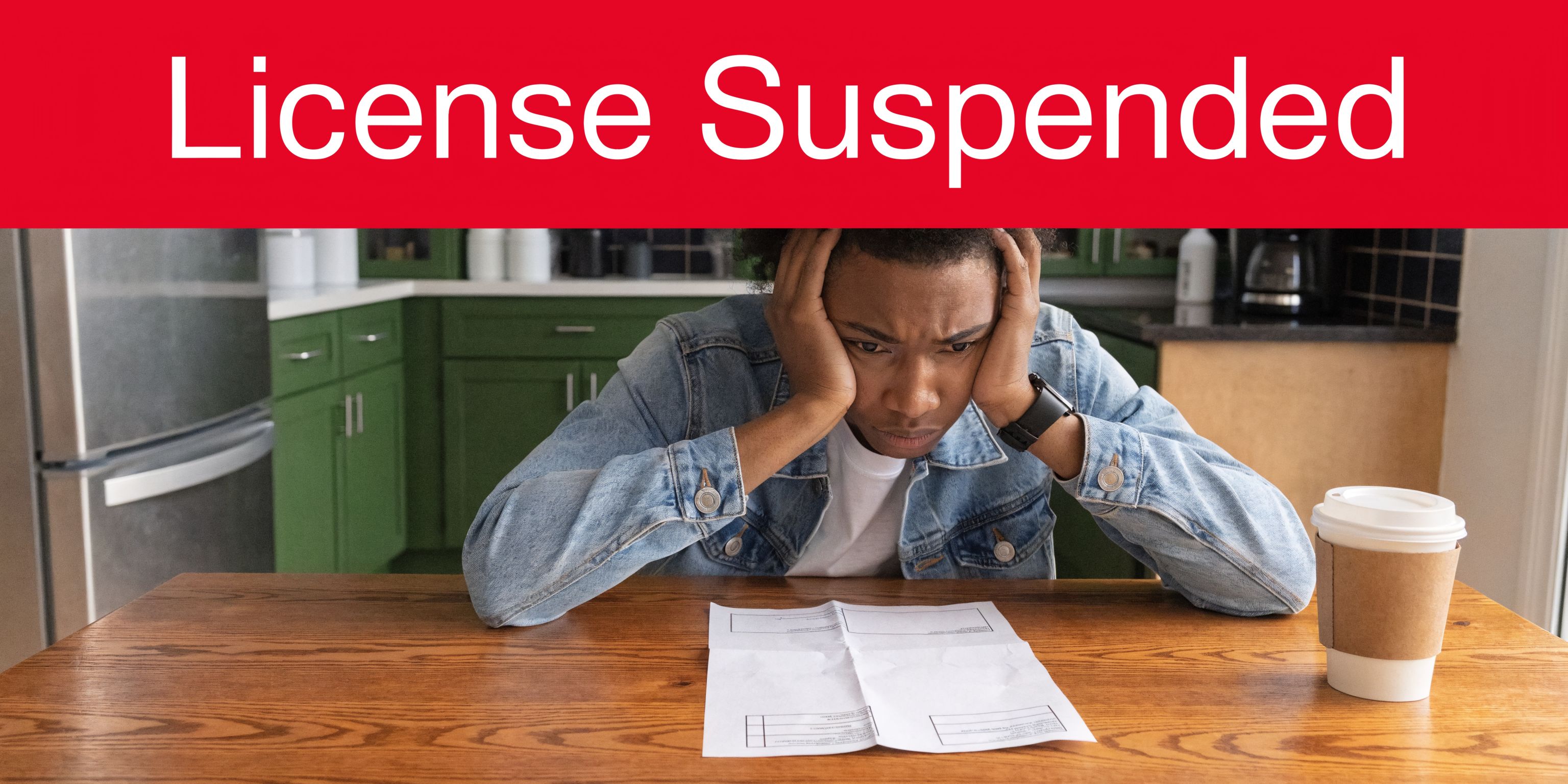 A distressed person sitting at a wooden table looking at a paper document with a frustrated expression.