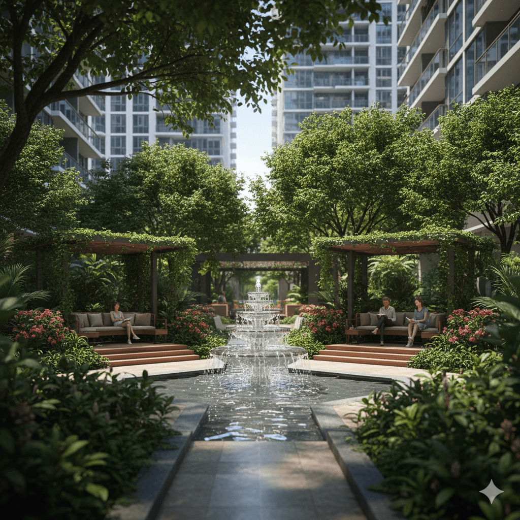 Lush landscaped gardens and nature-inspired seating areas at M3M luxury apartments in Greater Southern Peripheral Road