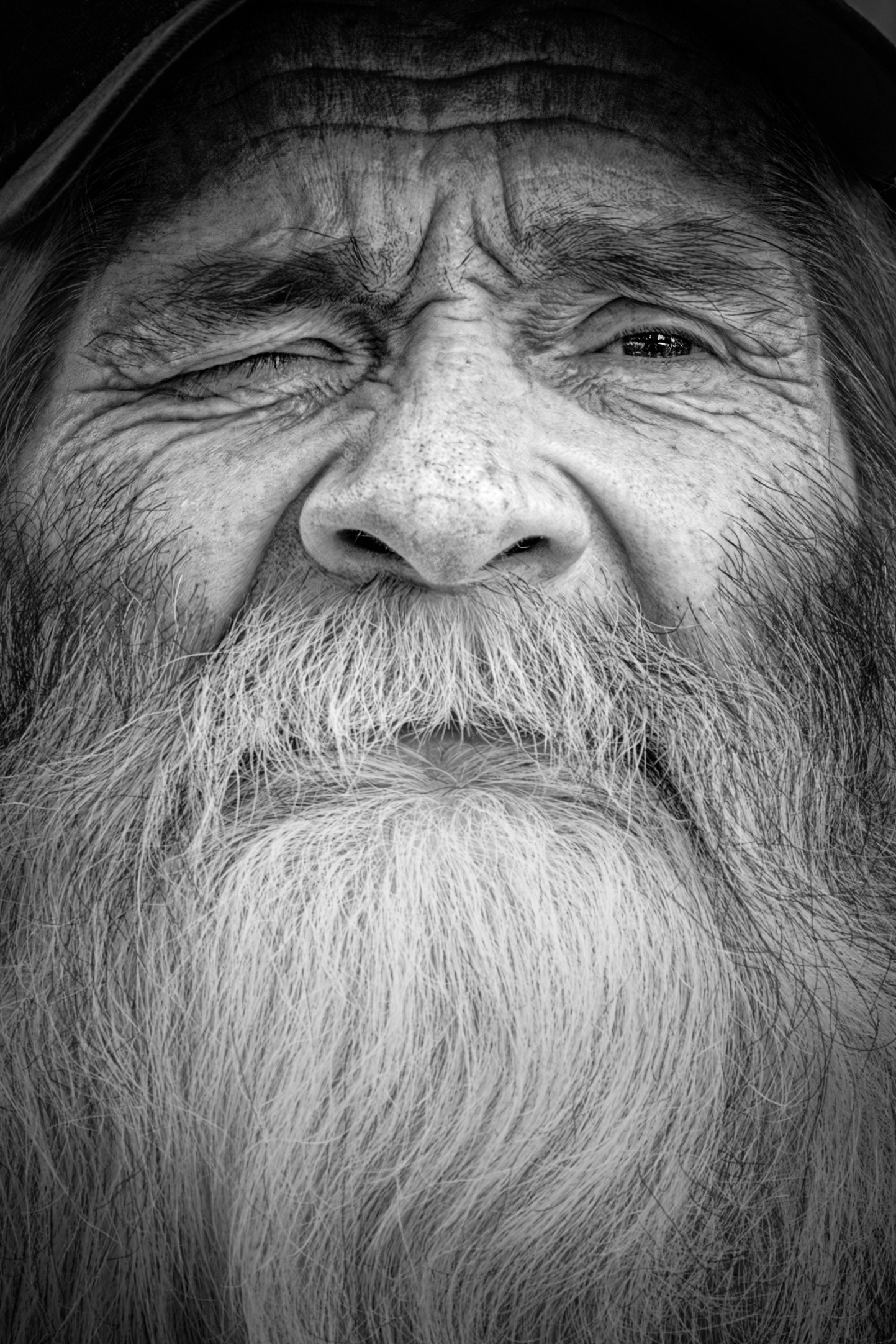 Close-up portrait of an elderly man with a long white beard and deep facial lines, gazing directly at the camera