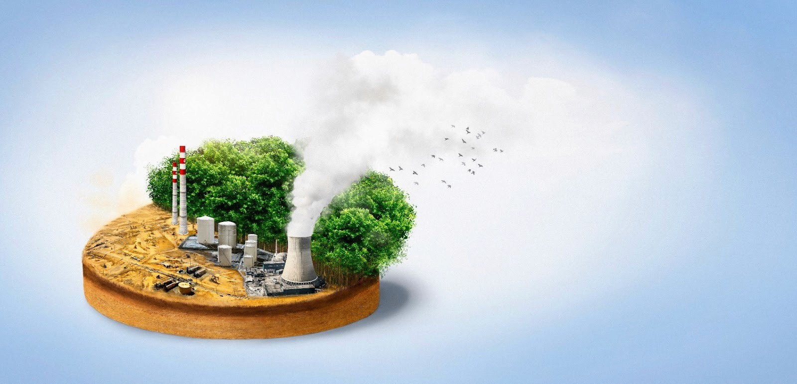 An illustration showing a factor releasing harmful gases, reflecting the goal of the Net Zero concept to limit their effects on the atmosphere.